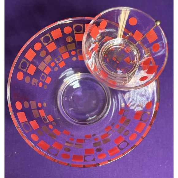 MCM Vtg Anchor Hocking 2 Tier Chip and Dip Bowl Set Geometric Red Gold - Picture 3 of 8